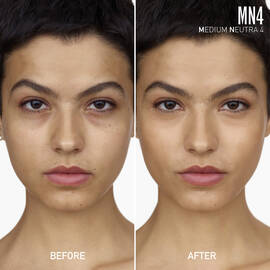 Side by side before and after of model wearing Very Valentino Concealer in Medium Neutral 4.