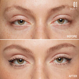 A before and after of a model wearing Valentino Magnificent Mascara in Ultra Nero