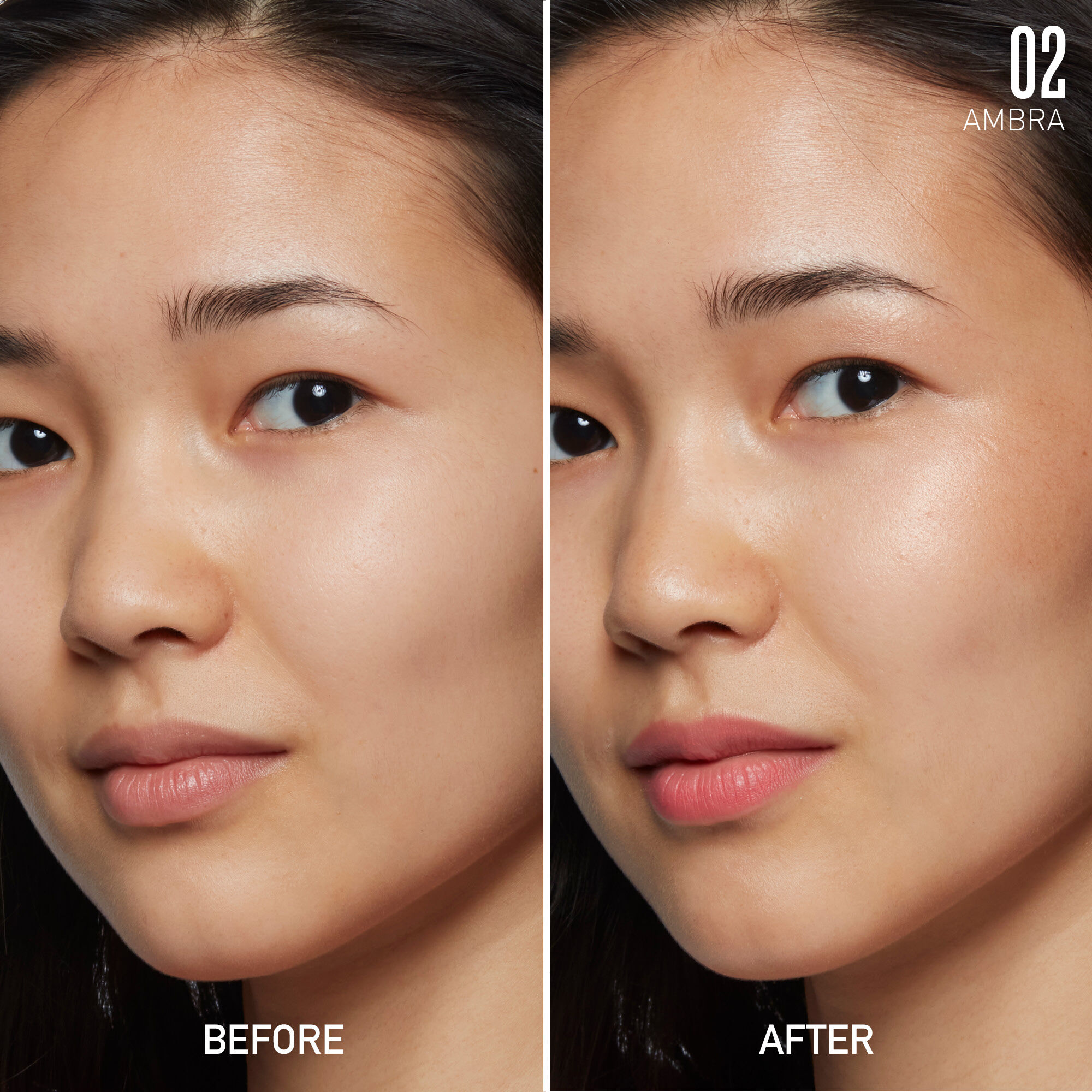 A side-by-side before and after photo of a model wearing Valentino Beauty V-Lighter Face Base Primer And Highlighter 