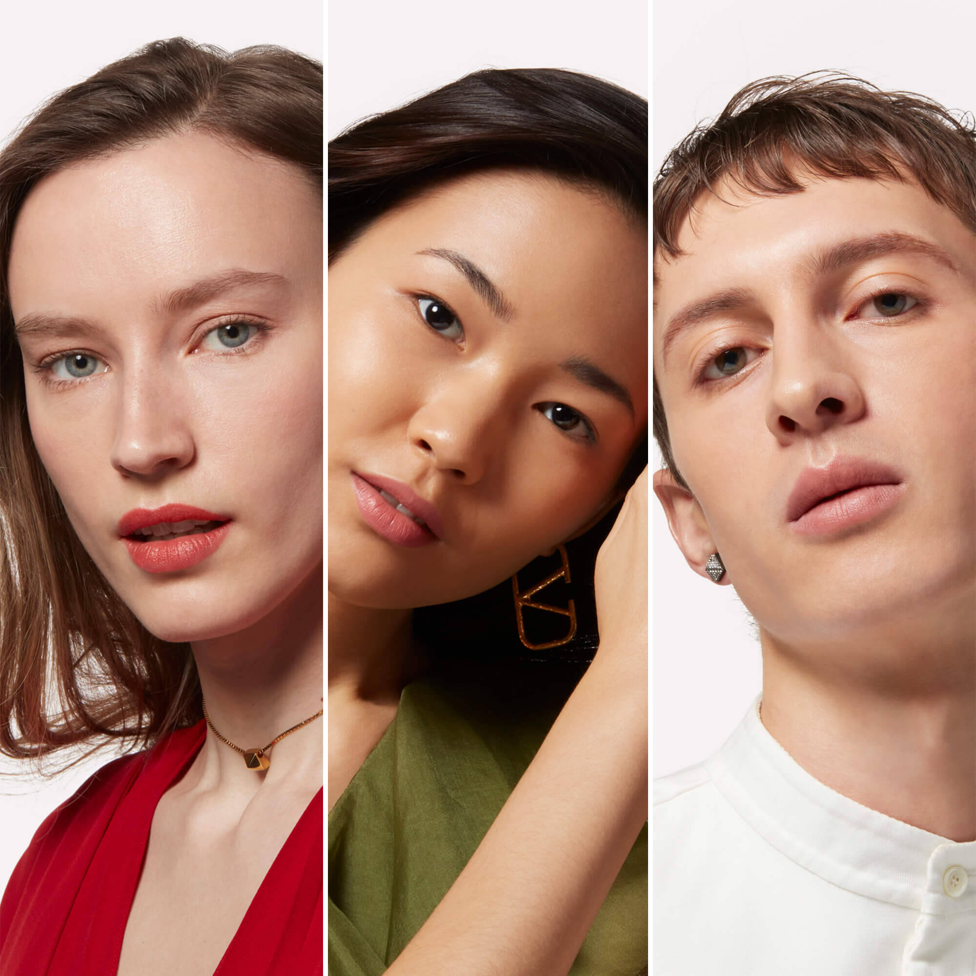 Three-way split photo of one man and two women wearing Valentino foundation