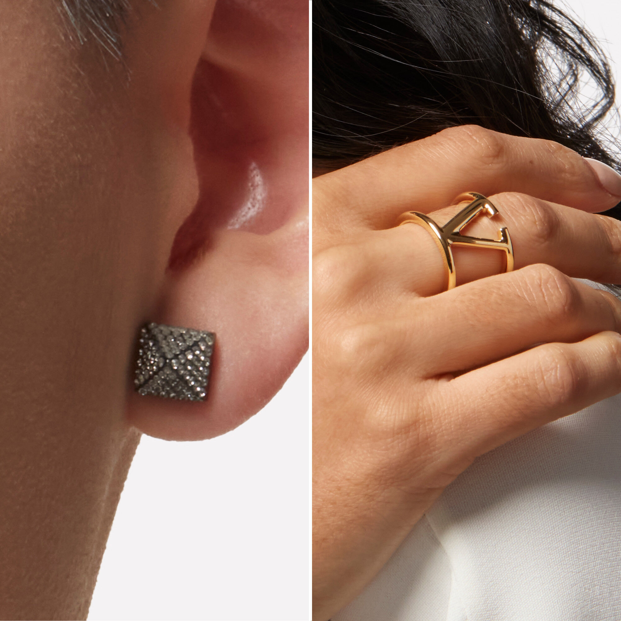 Two-way split photo with a close-up of ear lobe with a diamond stud and a hand wearing a Valentino Beauty logo ring