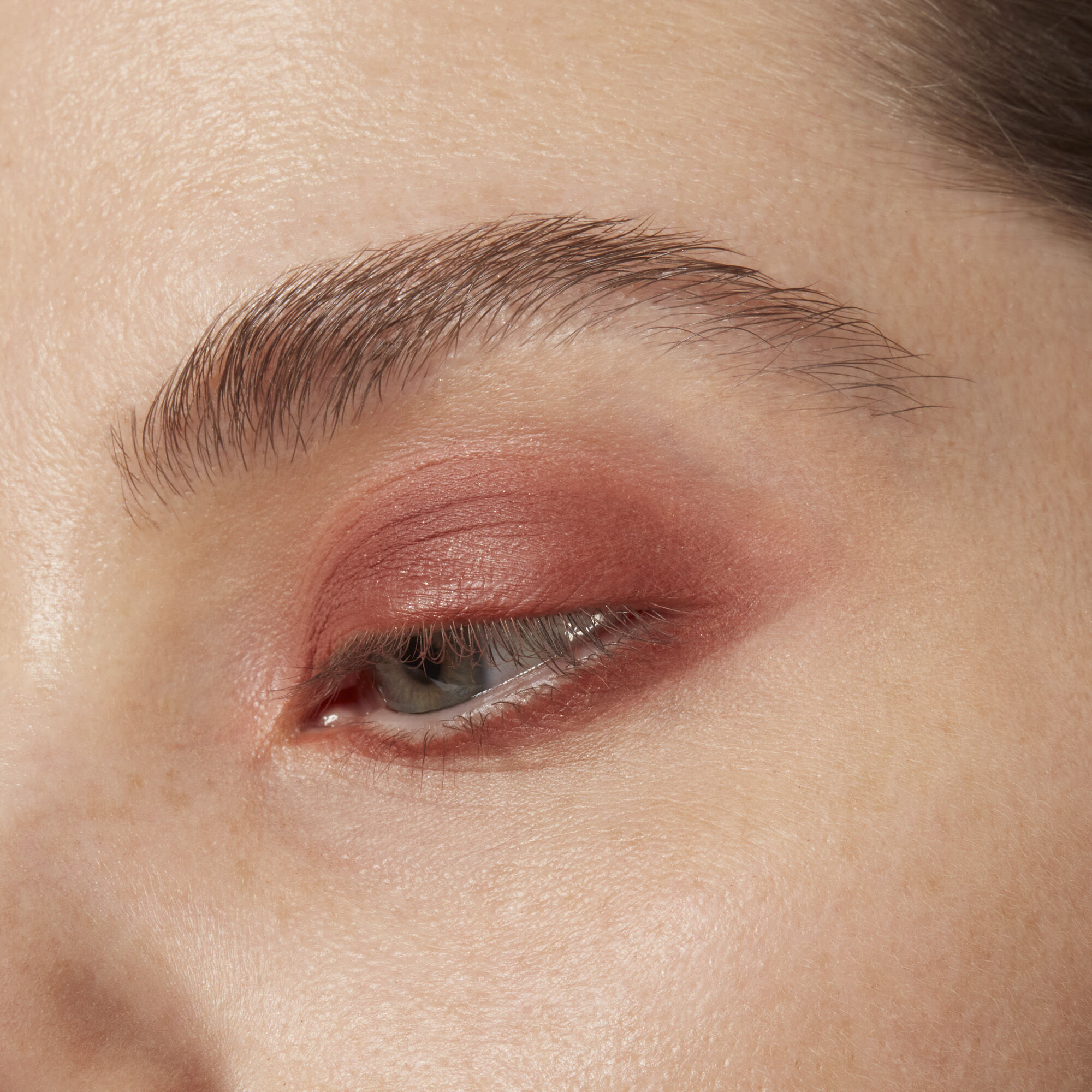 Close-up of aneye with mauve eye makeup