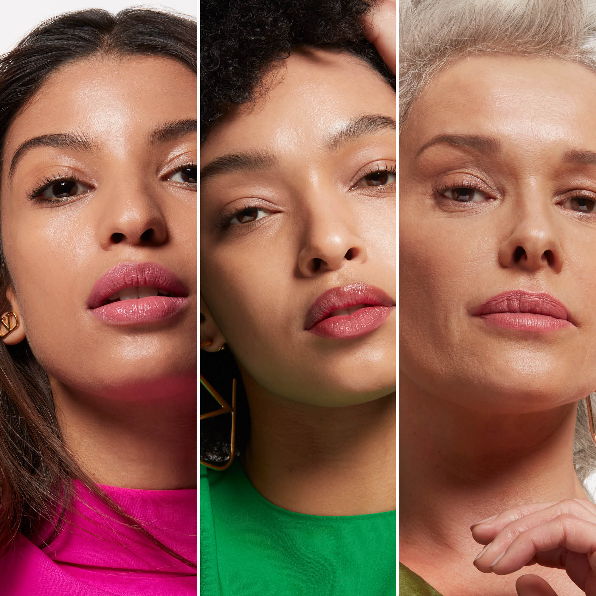 Three-way split of three medium to deep-skinned models wearing Valentino foundation