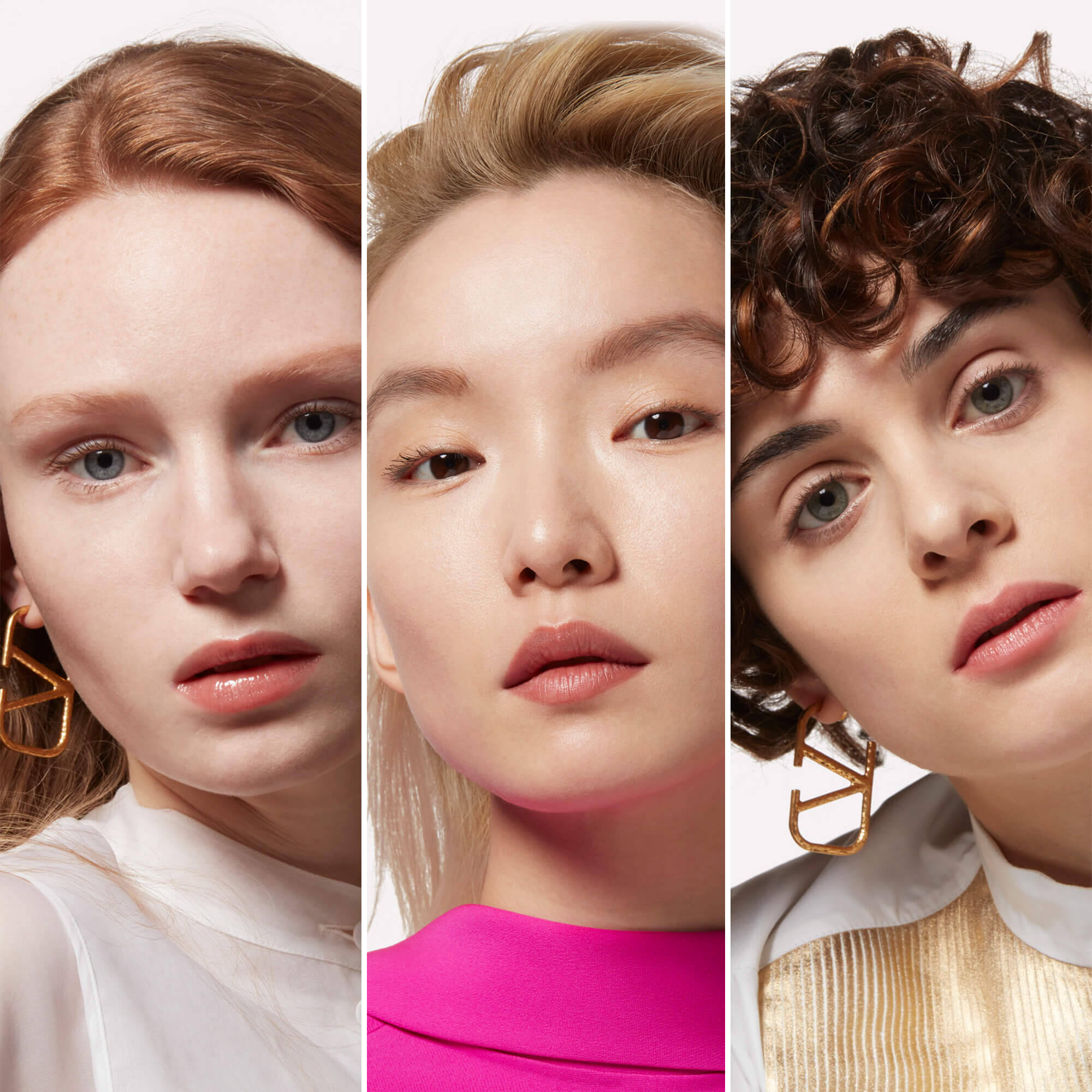 Three-way split of three light-skinned models wearing Valentino foundation