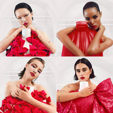 Six different photos of models wearing red lipstick and legendary Haute Couture dresses that inspired the five star red shades of Rosso Valentino Lipstick.