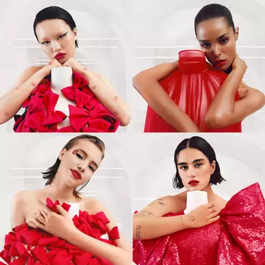 Six different photos of models wearing red lipstick and legendary Haute Couture dresses that inspired the five star red shades of Rosso Valentino Lipstick.