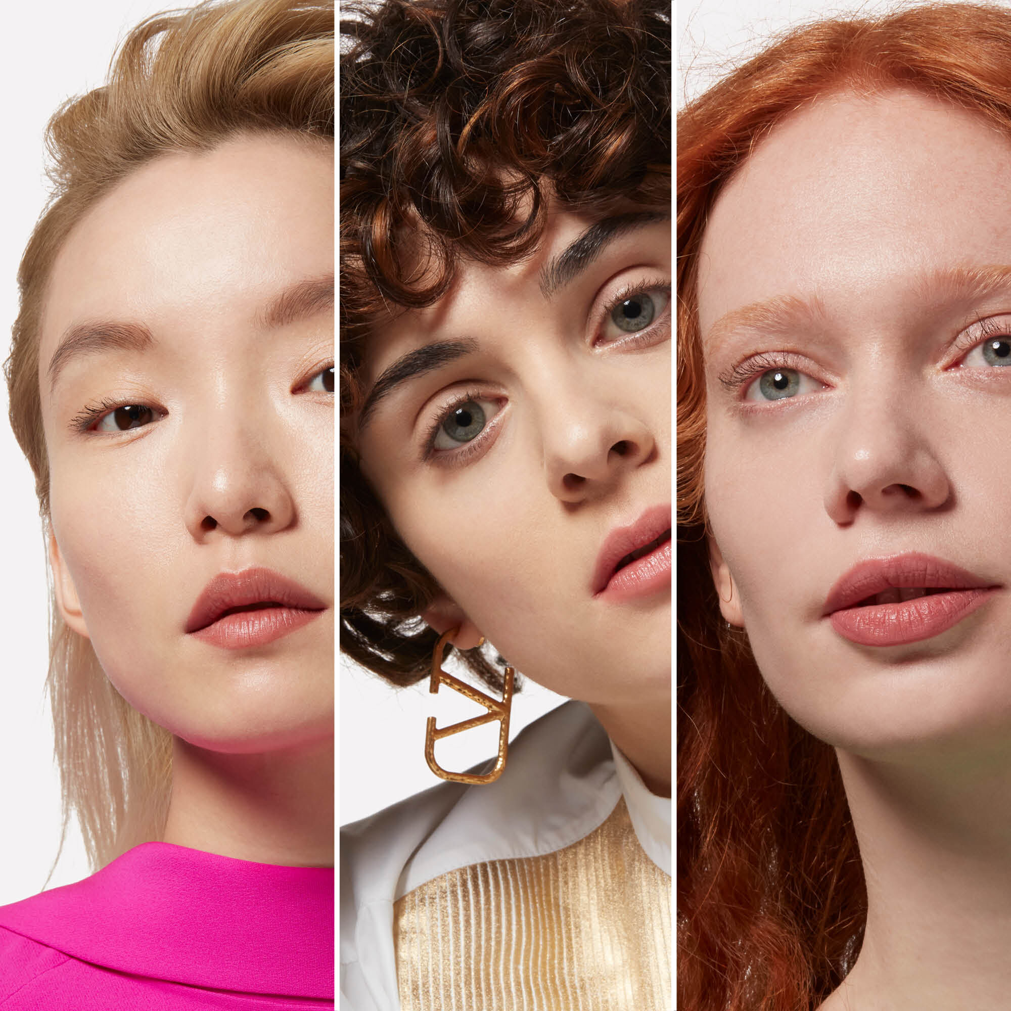 Three-way split of three light to medium-skinned models wearing Valentino foundation
