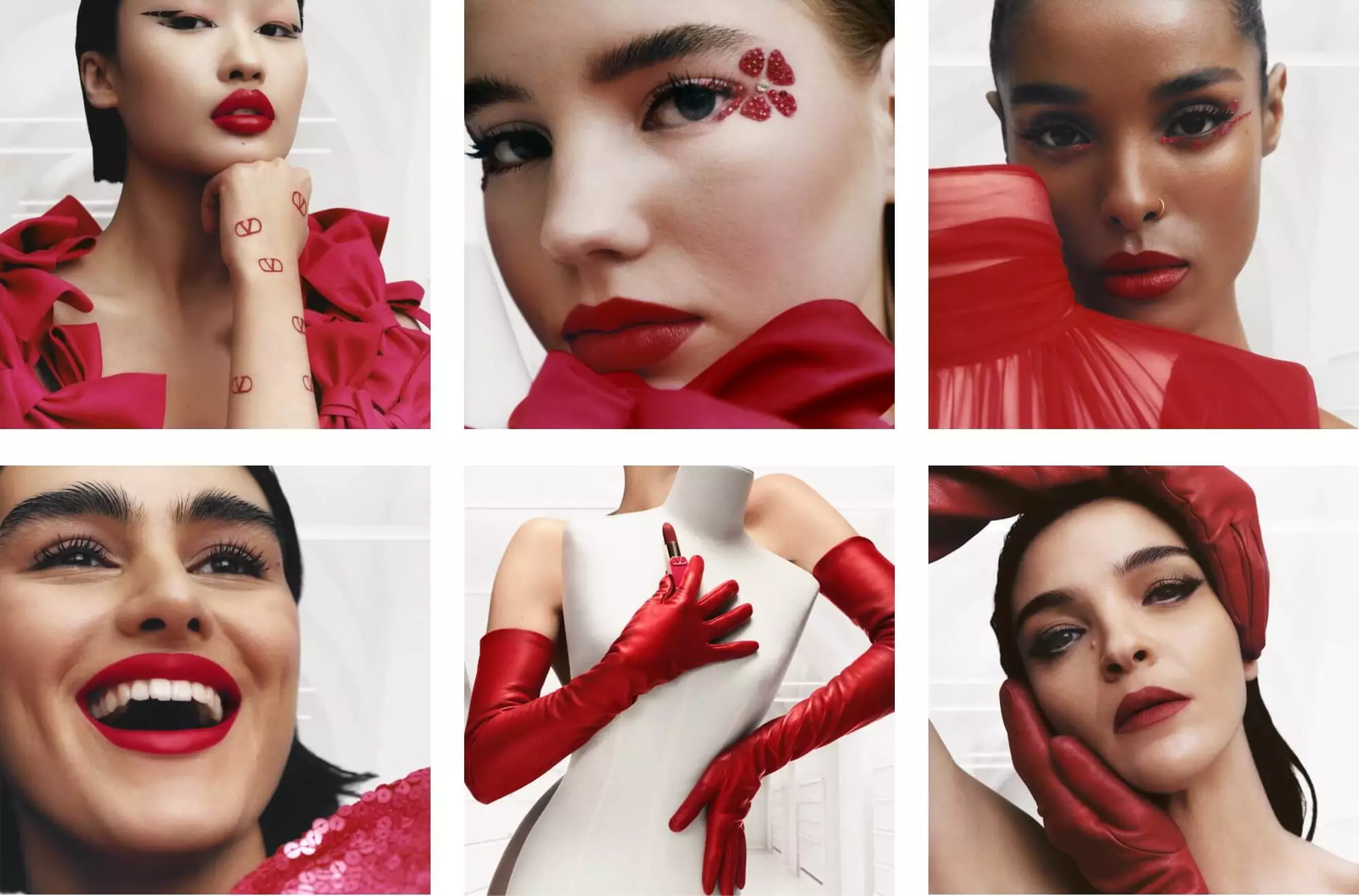 Six different Valentino models in looks based on Maison Valentino ’s iconic color: Rosso