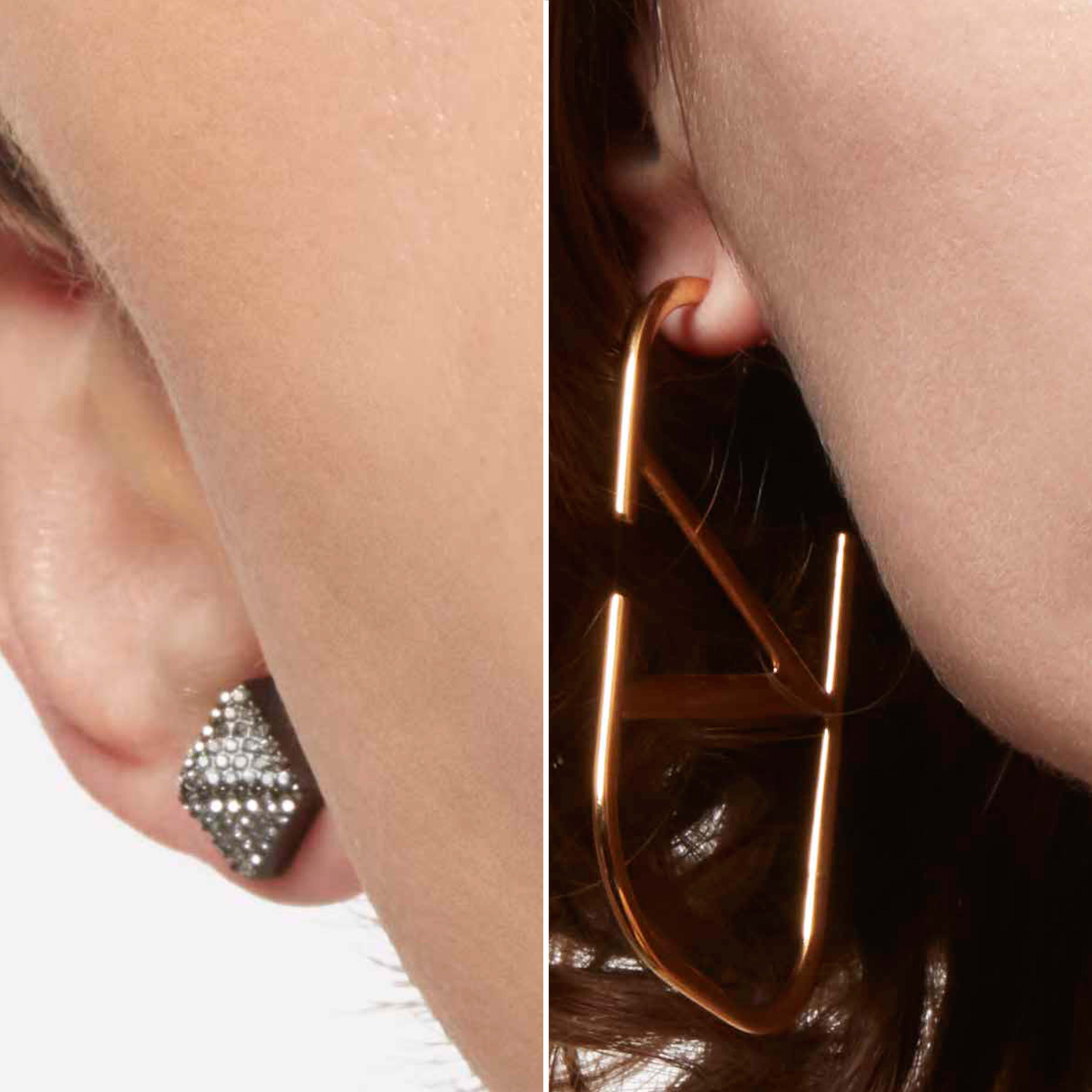 Two-way split photo with a close-up of ear lobe with a diamond stud and a close-up of ear lobe wearing VB logo earring
