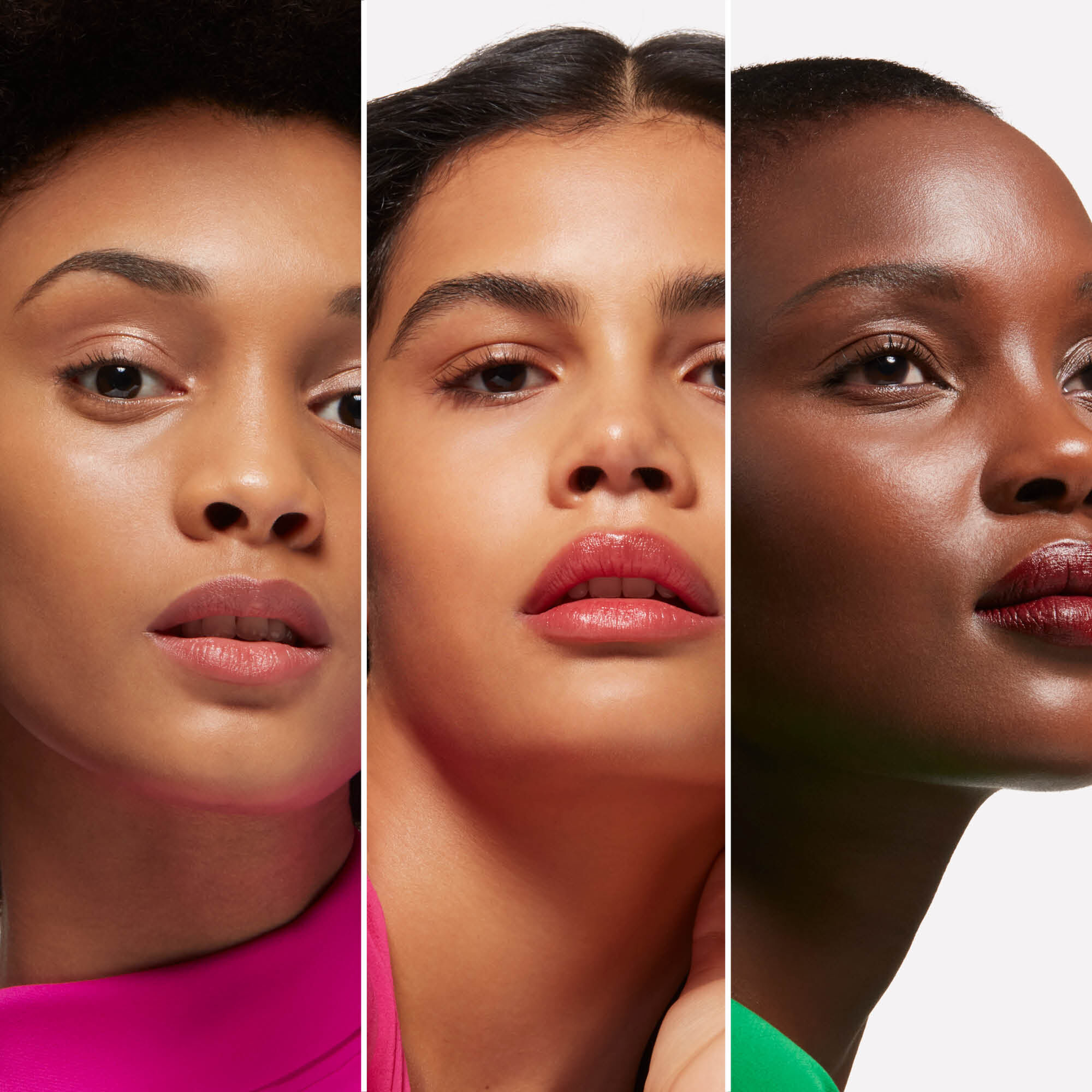 Three-way split of three deep-skinned models wearing Valentino foundation