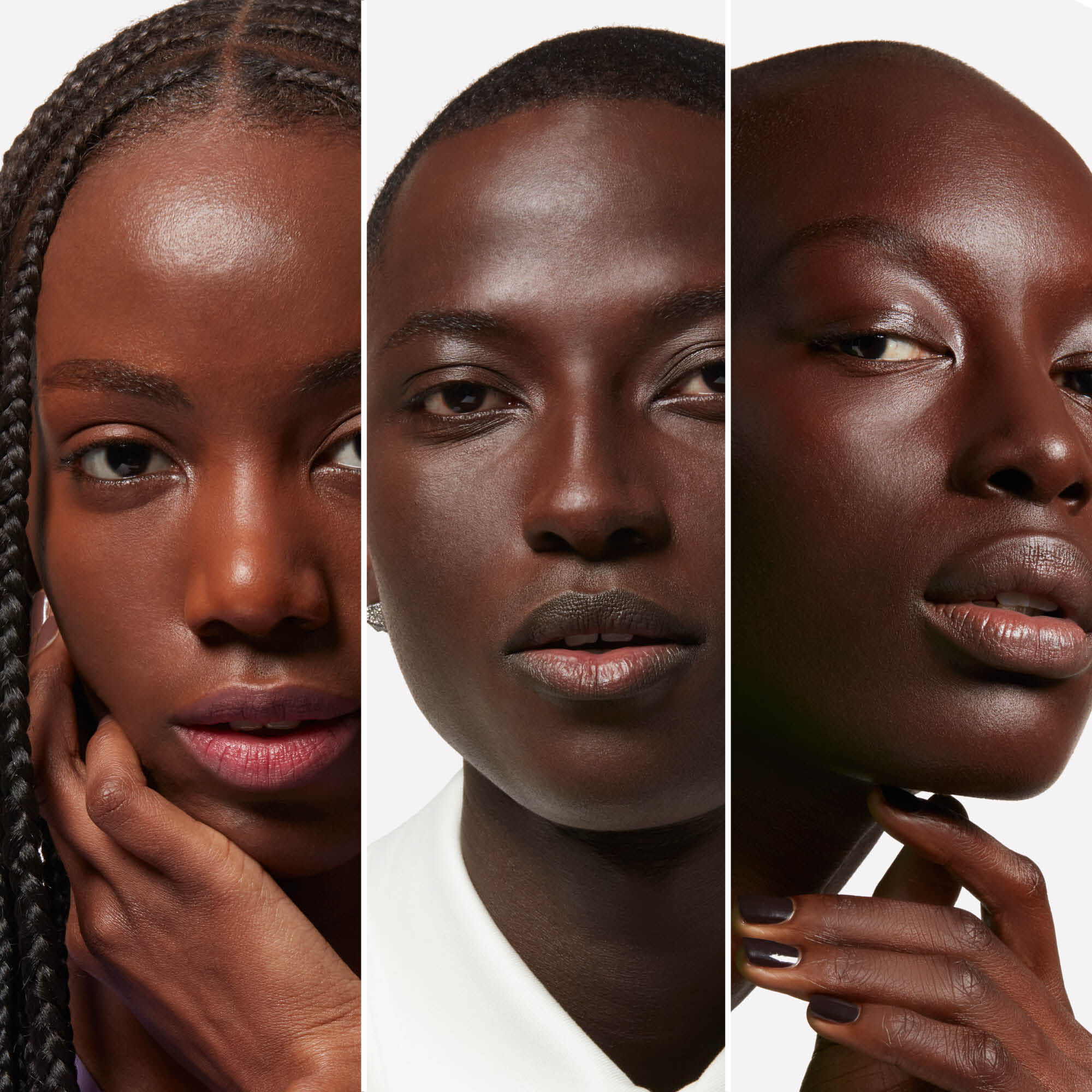Three-way split of three deep dark-skinned models wearing Valentino foundation