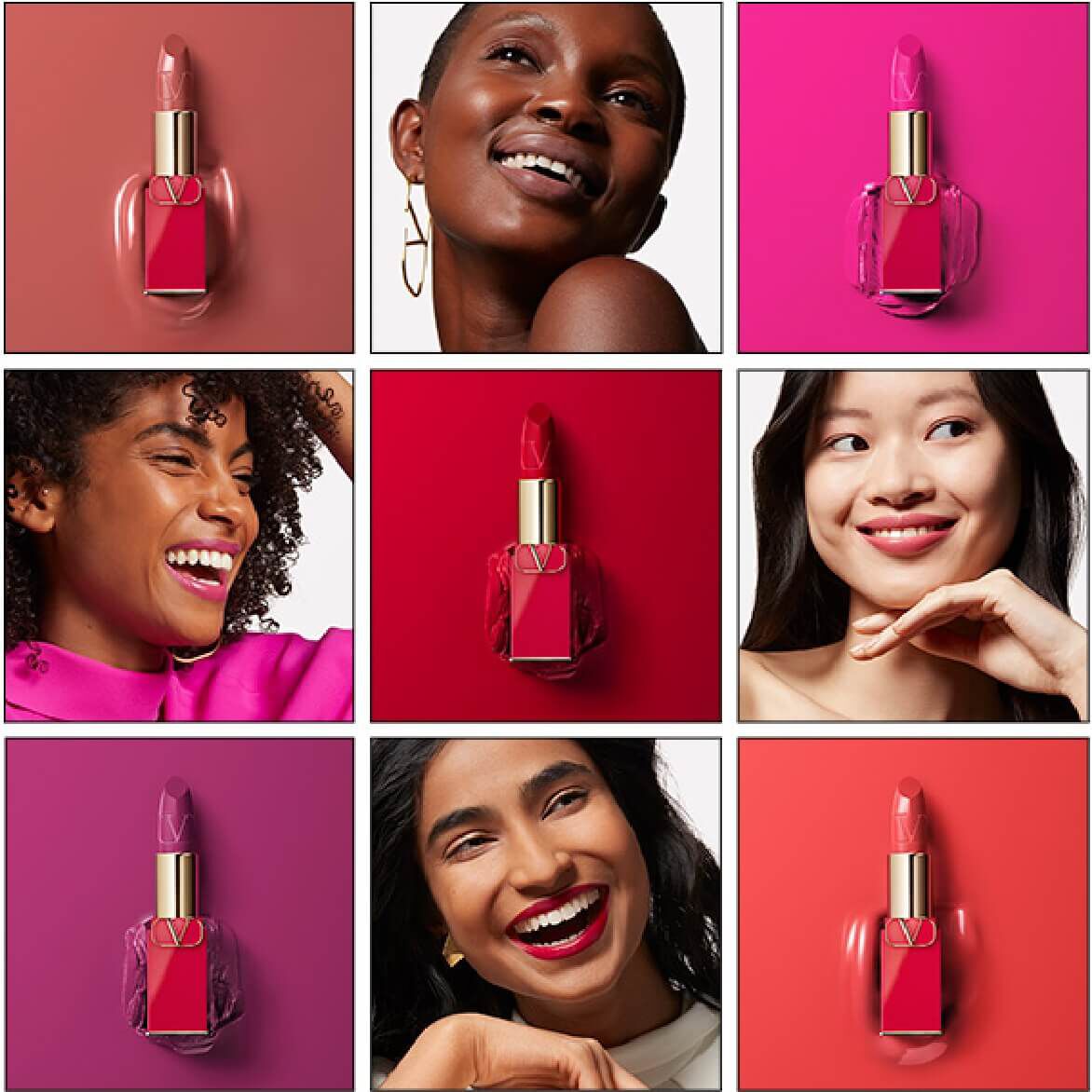 Nine photo grid of alternating photos of models wearing lipstick and Valentino Rosso Lipsticks 