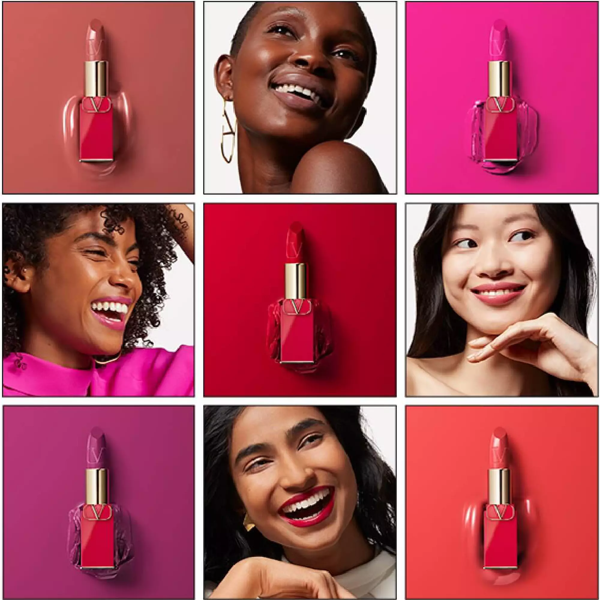 Nine photo grid of alternating photos of models wearing lipstick and Valentino Rosso Lipsticks
