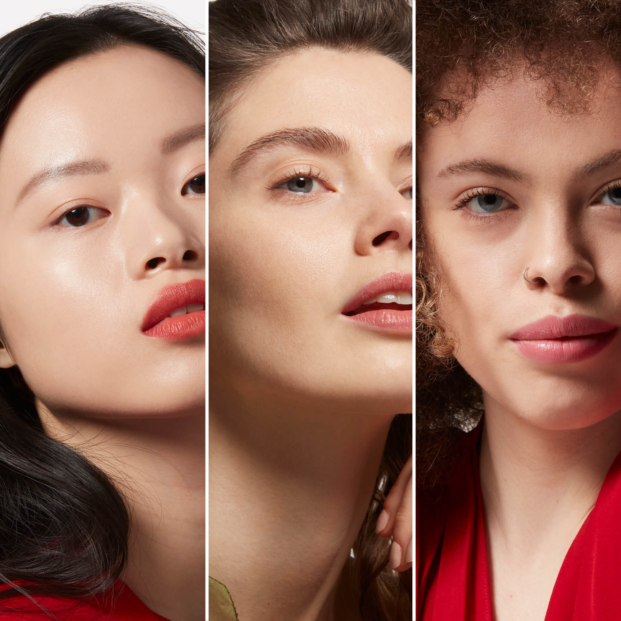 Three-way split of three medium to light-skinned models wearing Valentin foundation