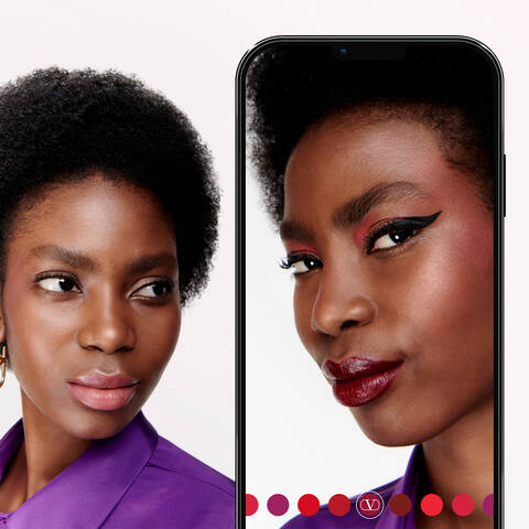 Two pictures of same model wearing and showcasing Valentino makeup