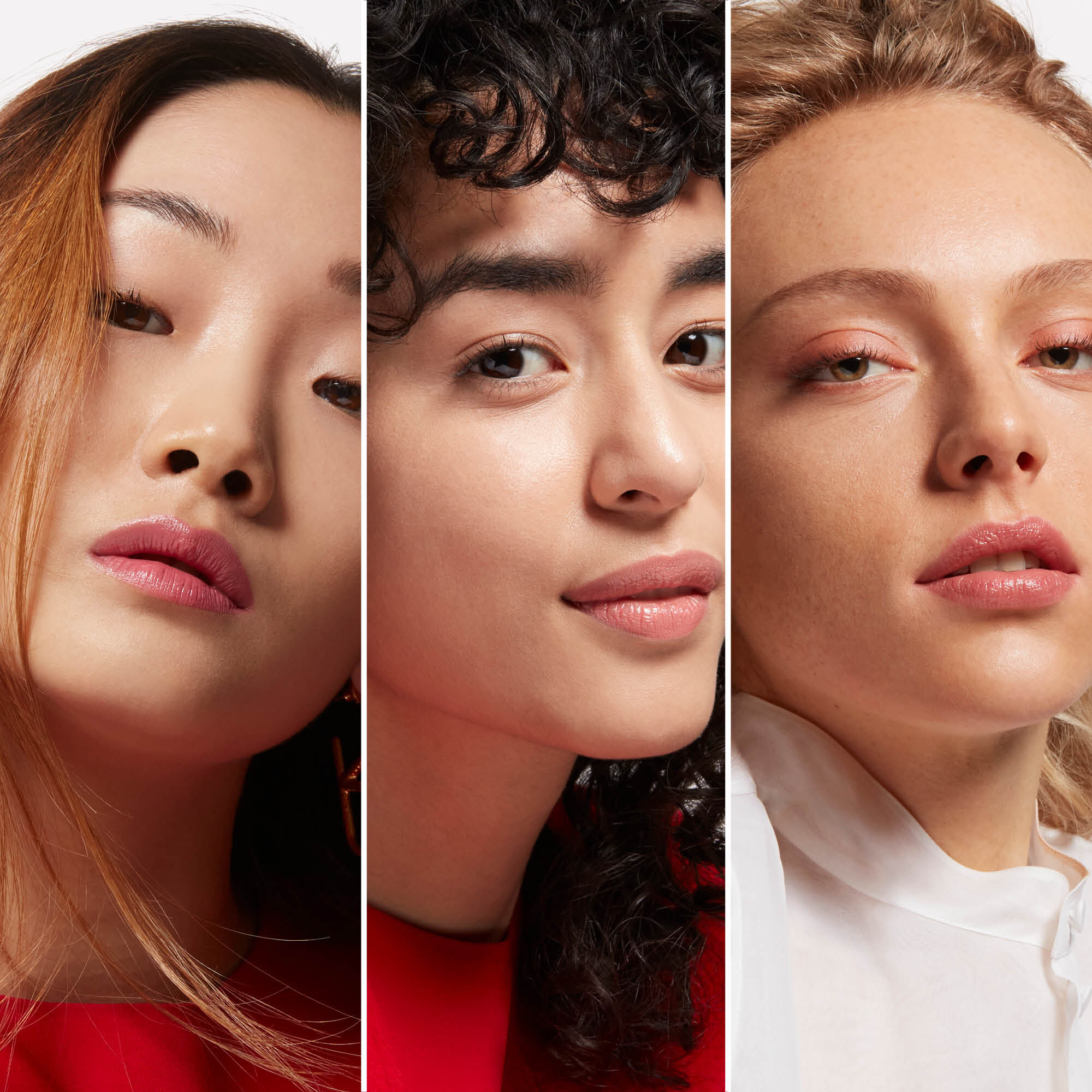 Three-way split of three medium-skinned models wearing Valentino foundation