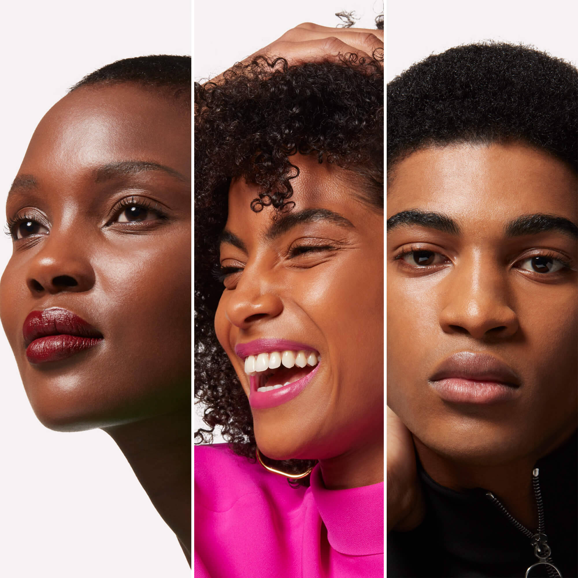 Three-way split of two deep-skinned women models and one deep-skinned male model wearing Valentino foundation